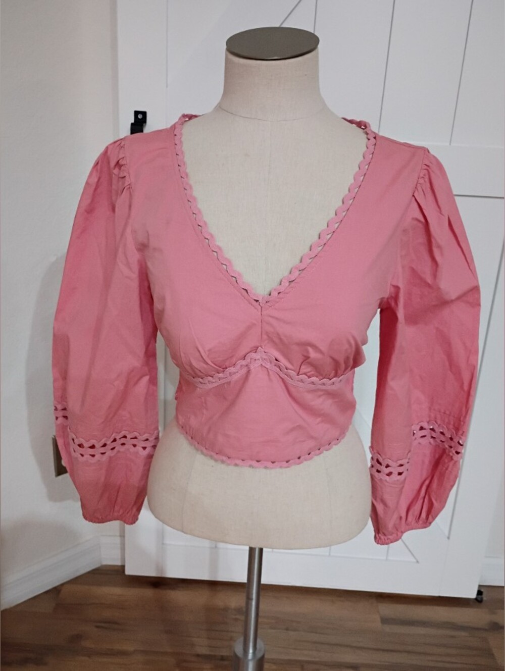 a new day Pink V-Neck Puff Sleeve Blouse. V-neckline. Smocked Back.